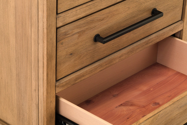 Wooden drawer with a black handle and open drawer revealing wooden interior.